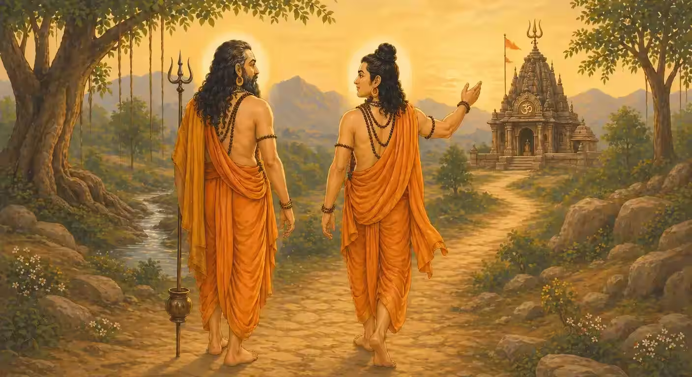 Sri Guru Gorakhnath ji walking alongside His Guru, Sri Matsyendranath ji, reflecting His deep devotion and service.