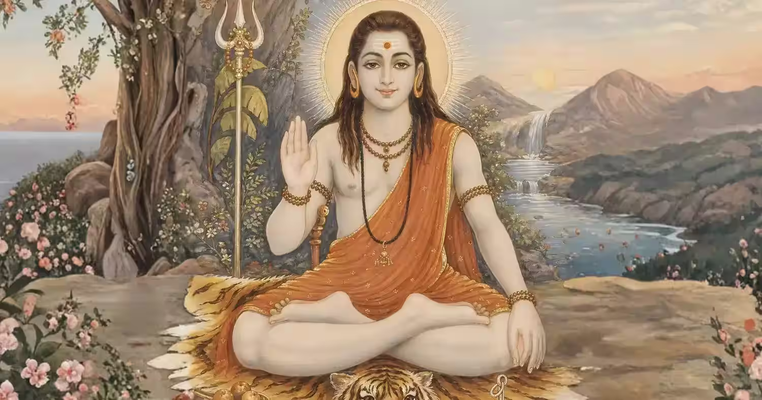 A radiant depiction of Sri Guru Gorakhnath ji, a revered Mahasiddha in the Nath tradition, seated in peaceful meditation.