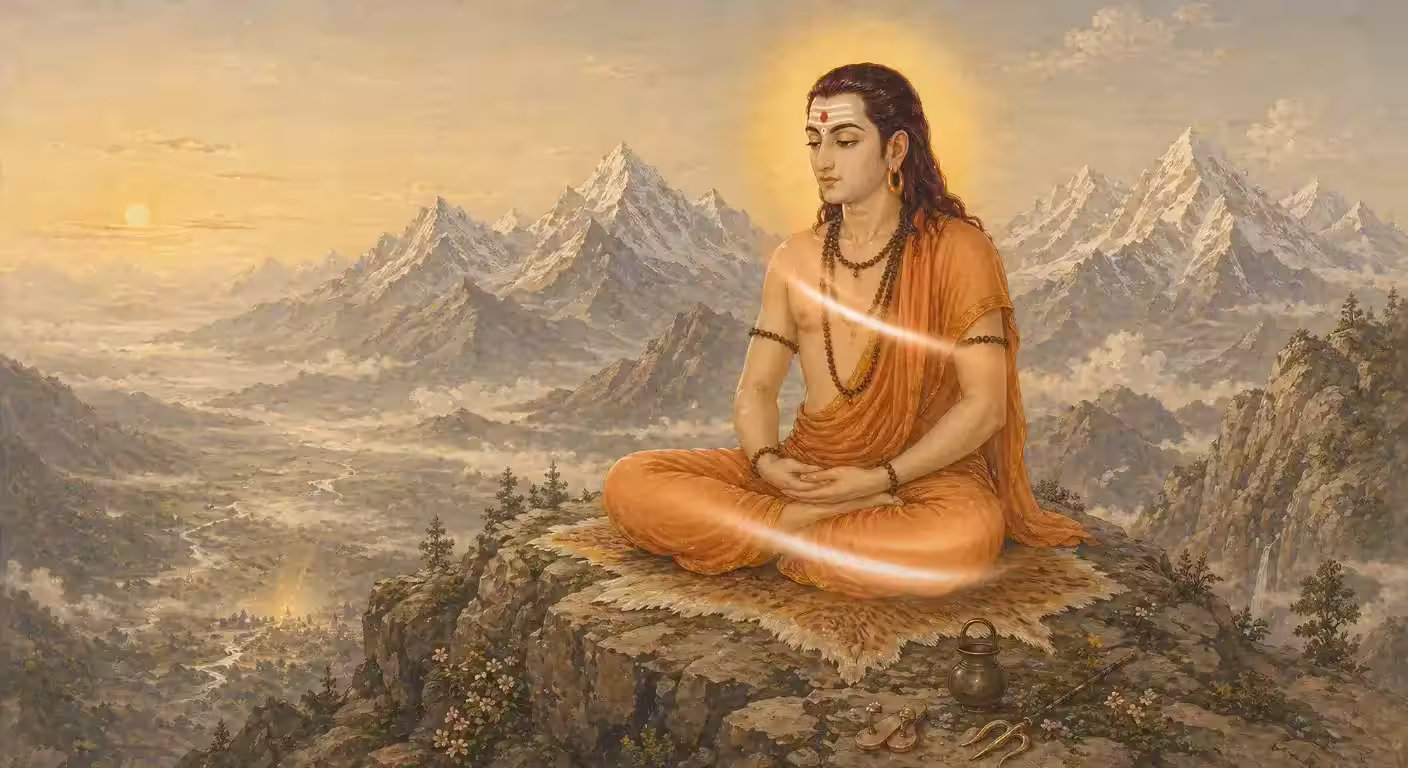 Sri Guru Gorakhnath ji meditating deeply in the Himalayas, where devotees believe He continues to exist in a subtle form to guide sincere seekers.