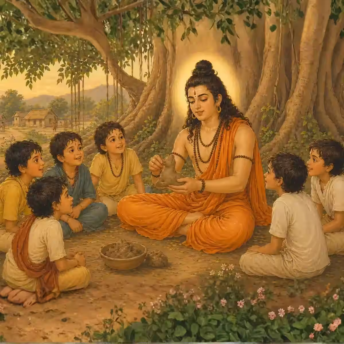 Sri Guru Gorakhnath ji seated under a tree, making a clay form for village children who had asked Him to help them with their play. This illustrates the famous account of Him chanting the Sanjeevani Mantra, which miraculously filled the clay with life. This being later became the respected Guru, Gahini Nath.
