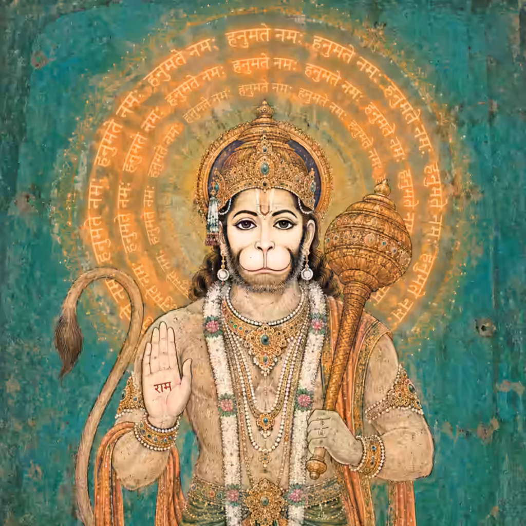 A traditional portrait of Sri Hanuman ji Maharaj offering protection, surrounded by a glowing halo invoking the Hanumate Namah mantra to establish humility and surrender.