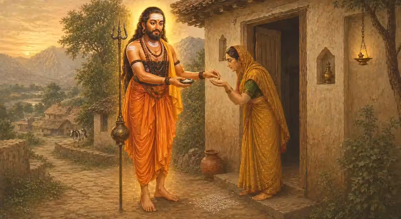 The Siddha Yogi Sri Matsyendranath ji interacting with a pious woman named Saraswati, representing the sacred account of the Bhasma that led to Sri Gorakhnath ji's miraculous appearance.