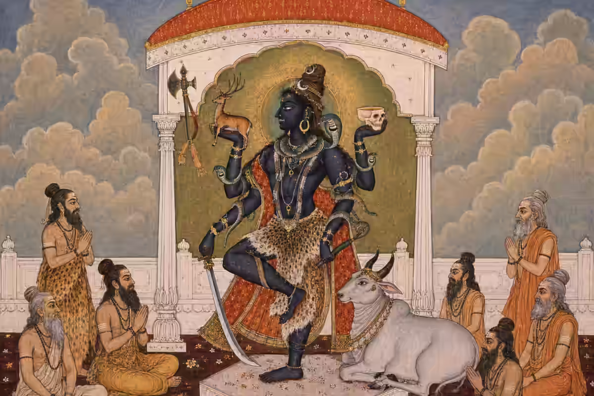 A detailed depiction of Sri Ruru Bhairava, the spiritual guardian of the Southeast direction. He is shown creating a protective shield to sustain Tantrika Sadhana and attract spiritual heights. 