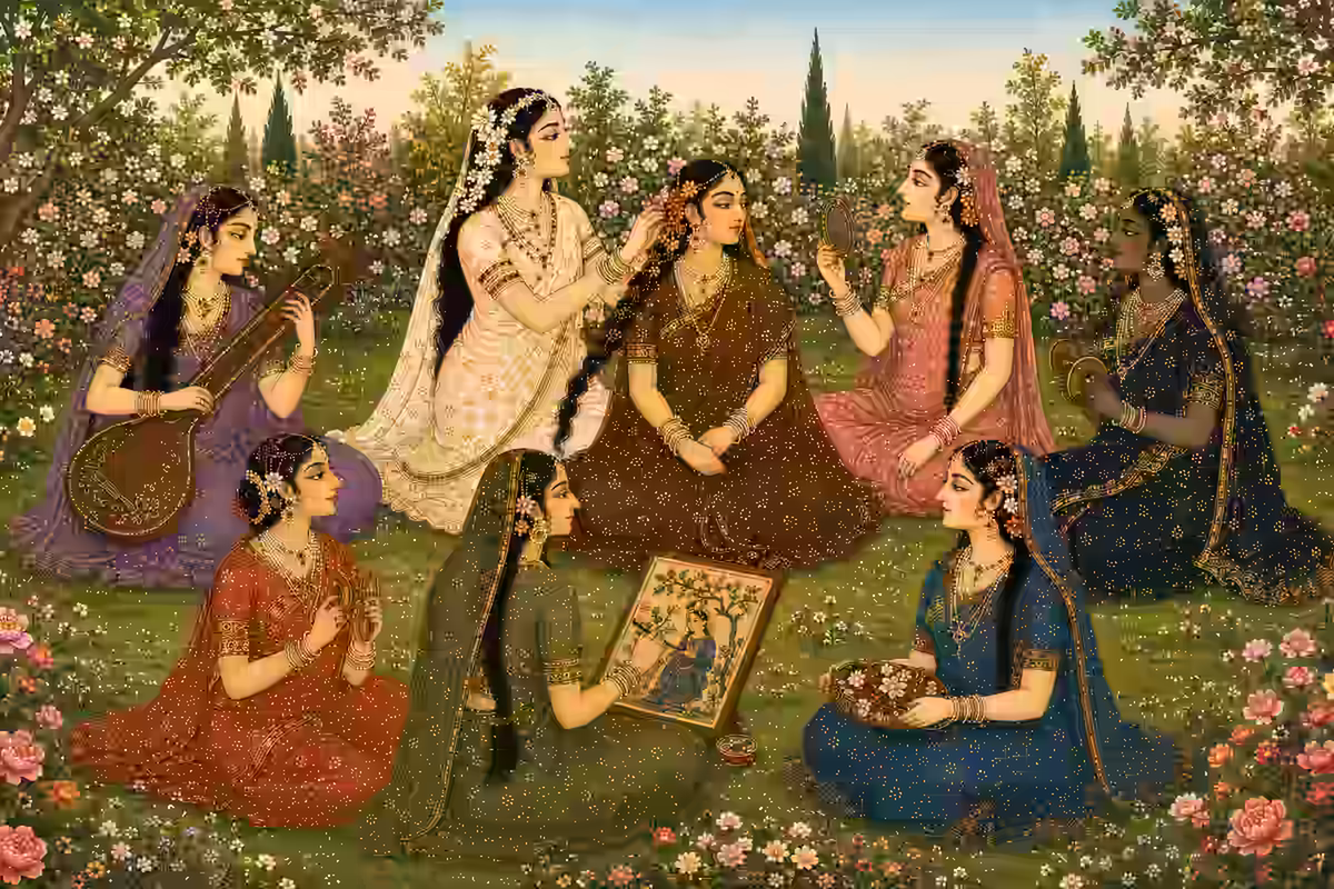 A vibrant painting of eight beautifully adorned women, the Ashta Sakhis, sitting in a lush garden playing instruments and making garlands, ideal for the eight-petalled lotus visualization.