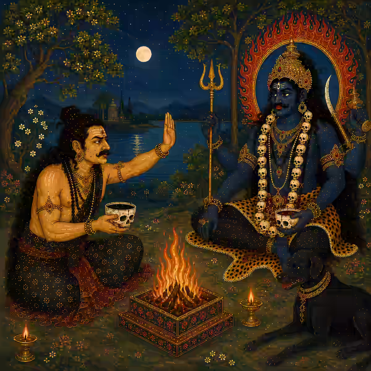 A practitioner offering a skull bowl to a fierce form of Lord Bhairava, representing the complex and high-risk Vamachara or left-handed Tantra path.