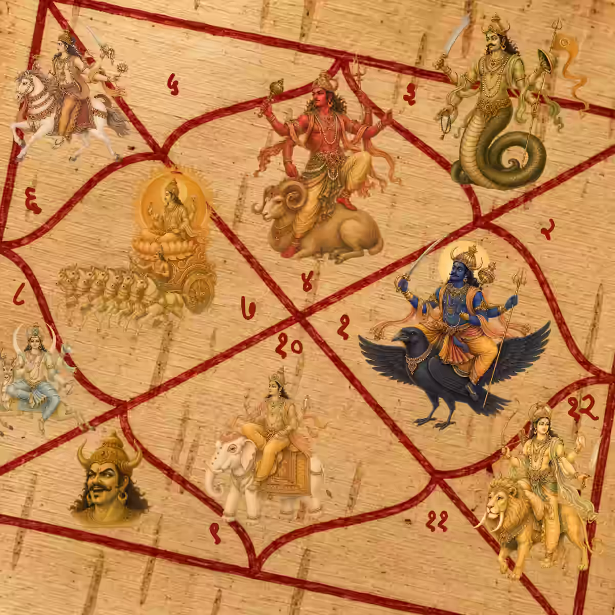 A traditional Vedic astrology birth chart drawn with red lines on a textured, parchment-like background. The diamond-shaped astrological houses contain detailed, classical illustrations of the Navagraha—the nine Hindu planetary deities—riding their respective animal mounts, accompanied by red Devanagari numerals to indicate the Rashis