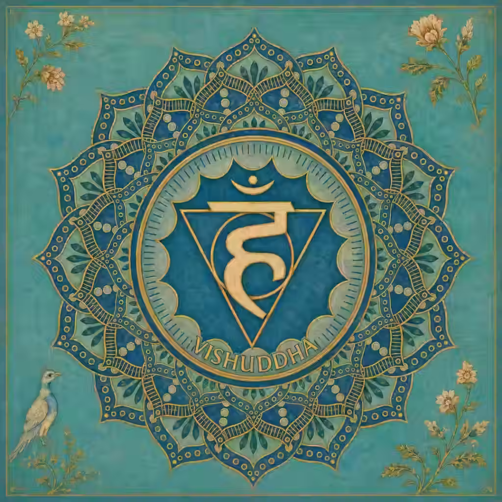 Mandala detallado de Vishuddha Chakra con el bijakshara Hum, asociado en esta tradición con la energía sutil de Akasha Tattva.