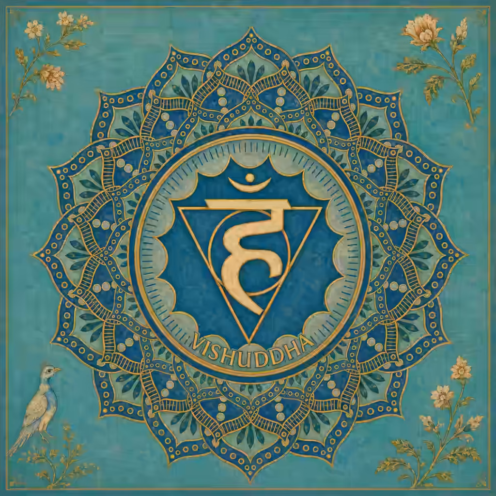 An intricate mandala design of the Vishuddha Chakra featuring the Hum beejakshara, representing the subtle Akash Tattva energy of the tantrika mantra.