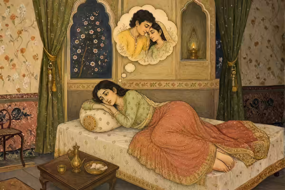 A beautifully dressed woman resting on a bed, looking thoughtful as she dreams of romantic memories with her partner, representing the Smara and Manmatha effects of desire on the mind.