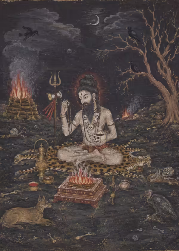 An ascetic yogi in deep meditation sitting on a tiger skin within a traditional cremation ground at night, surrounded by a sacred fire and a dog.