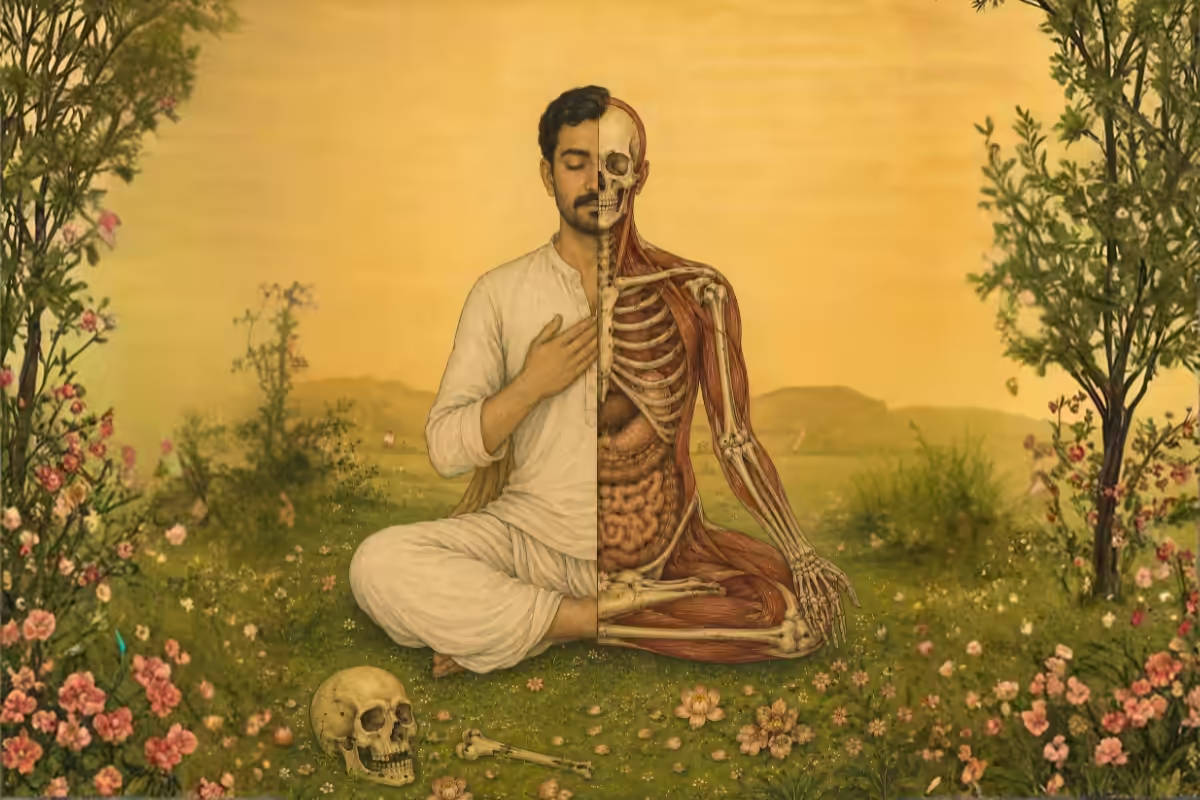 A man meditating with half his body shown as a skeleton, illustrating the Bhasmasarira concept of the Kamadeva Yantra where physical beauty is temporary.