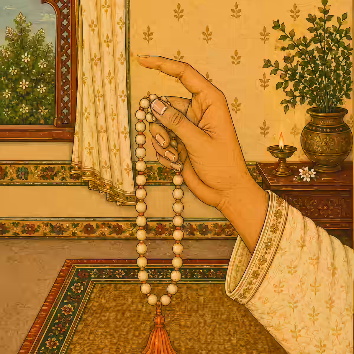 : A close-up of a seeker's hand chanting mantras on a traditional Neem Japa mala before beginning the Kamadeva Yantra meditation practice.