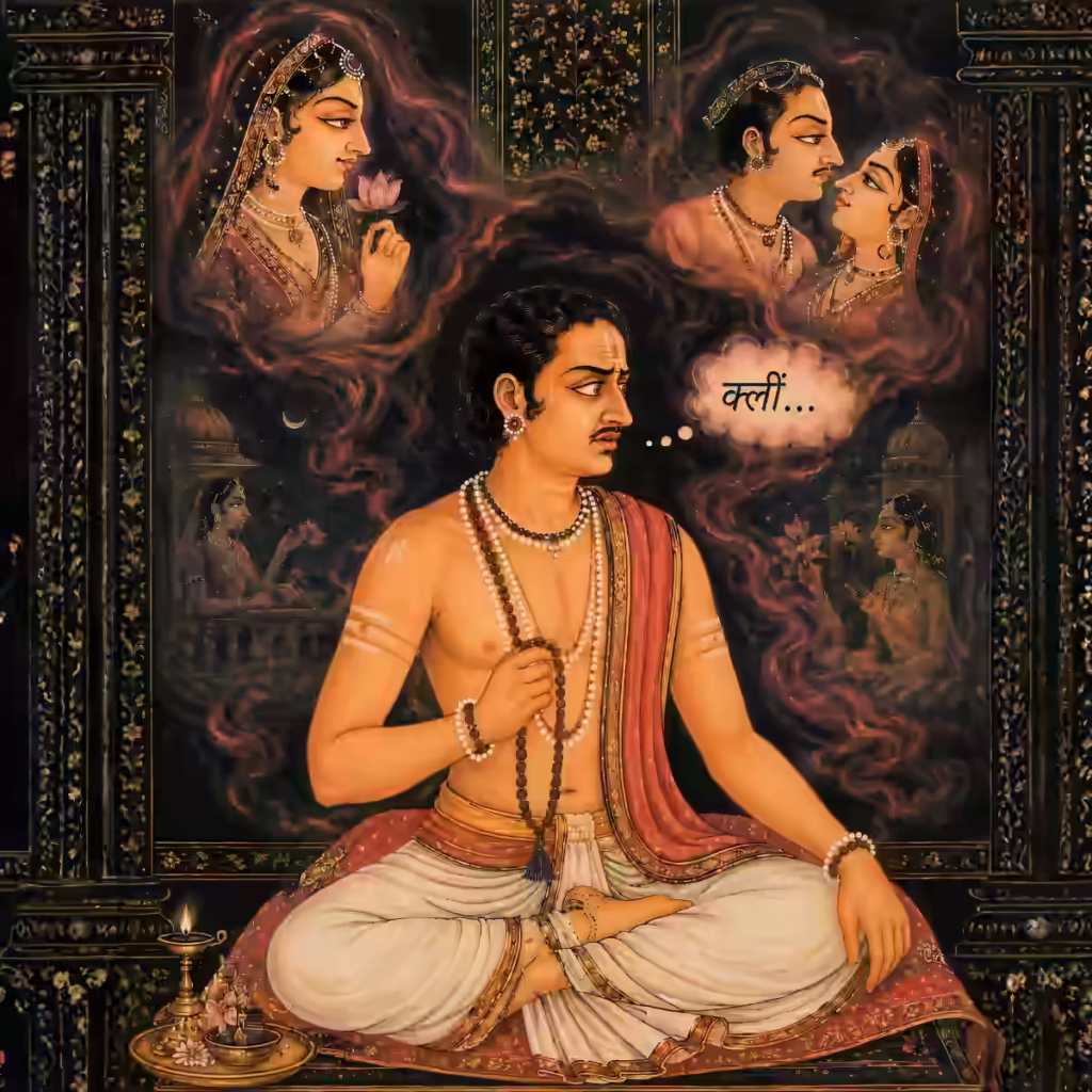 A sadhaka meditating and chanting the Kleem Beeja Mantra in Hindi script, depicting the mental process of encountering and overcoming repressed desires from the unconscious mind.