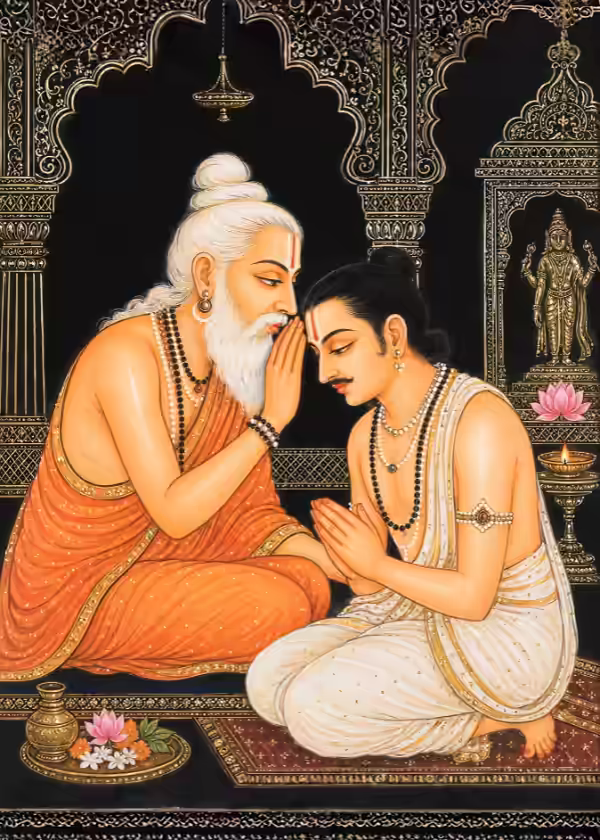 A traditional Indian illustration of a Guru whispering a sacred mantra into a disciple's ear during a Diksha initiation ceremony, safely guiding the seeker's spiritual journey.