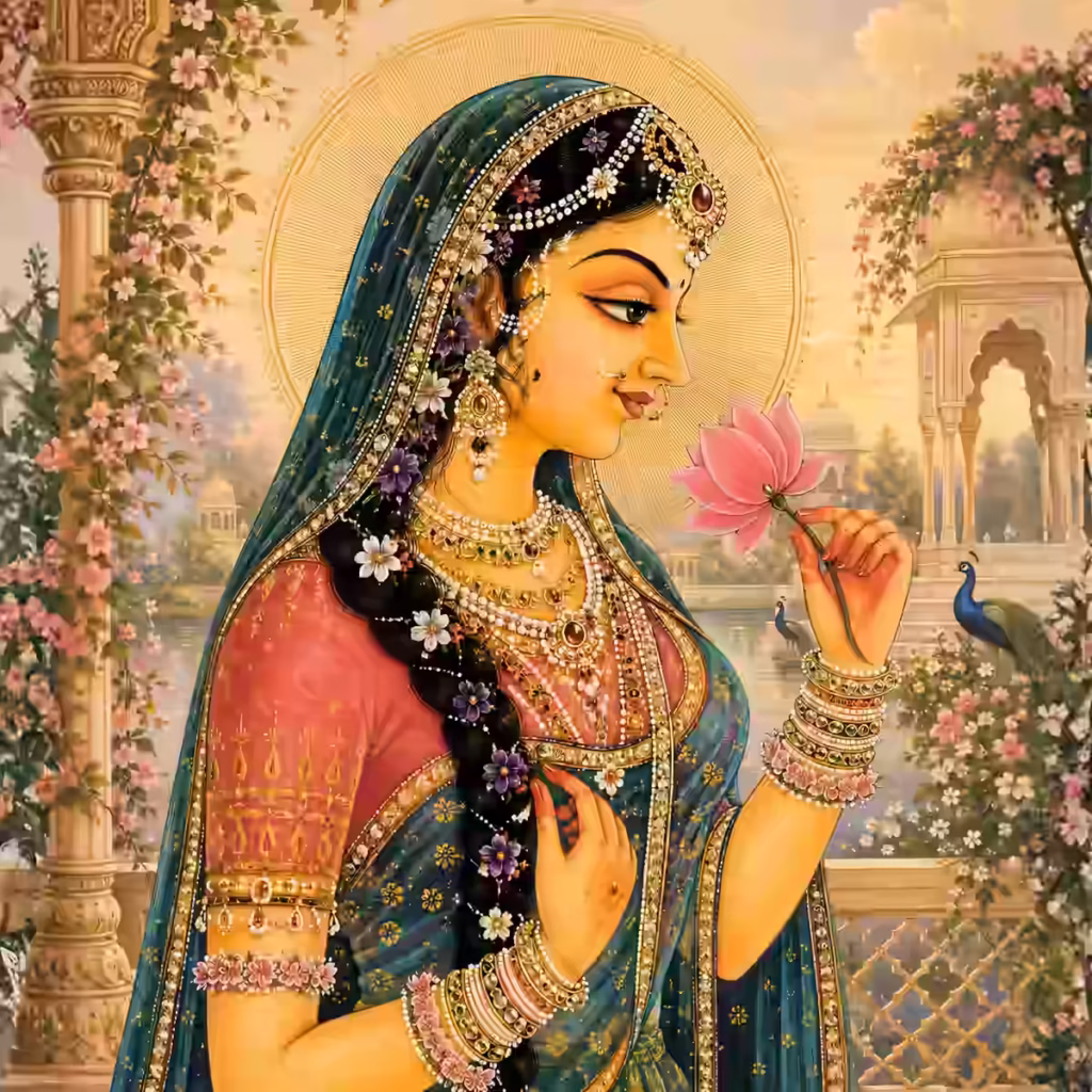 A traditional Pahari-style painting of a beautiful woman holding a pink lotus, symbolizing Srimati Radha Rani and the bliss-giving Hladini Shakti potency residing in the Kleem syllable 'E'.