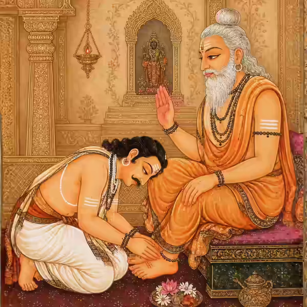 A spiritual seeker bowing respectfully at the feet of a revered sage, illustrating the necessity of seeking authorized Guru initiation before chanting the Kleem Beeja Mantra.