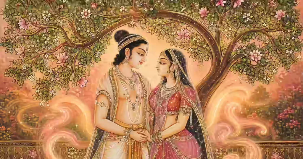 Traditional Indian painting of Lord Kamadeva and Goddess Rati standing under a Kalpavriksha tree, symbolizing the magnetic attraction and relationship harmony invoked by the Kleem Kama Beeja mantra.