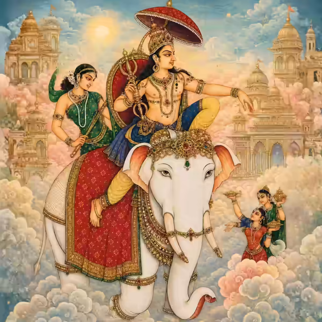 Lord Indra riding his white elephant Airavata amidst the clouds, representing the 'La' syllable in the Kleem Mantra which connects the chanter to the material world and human senses.
