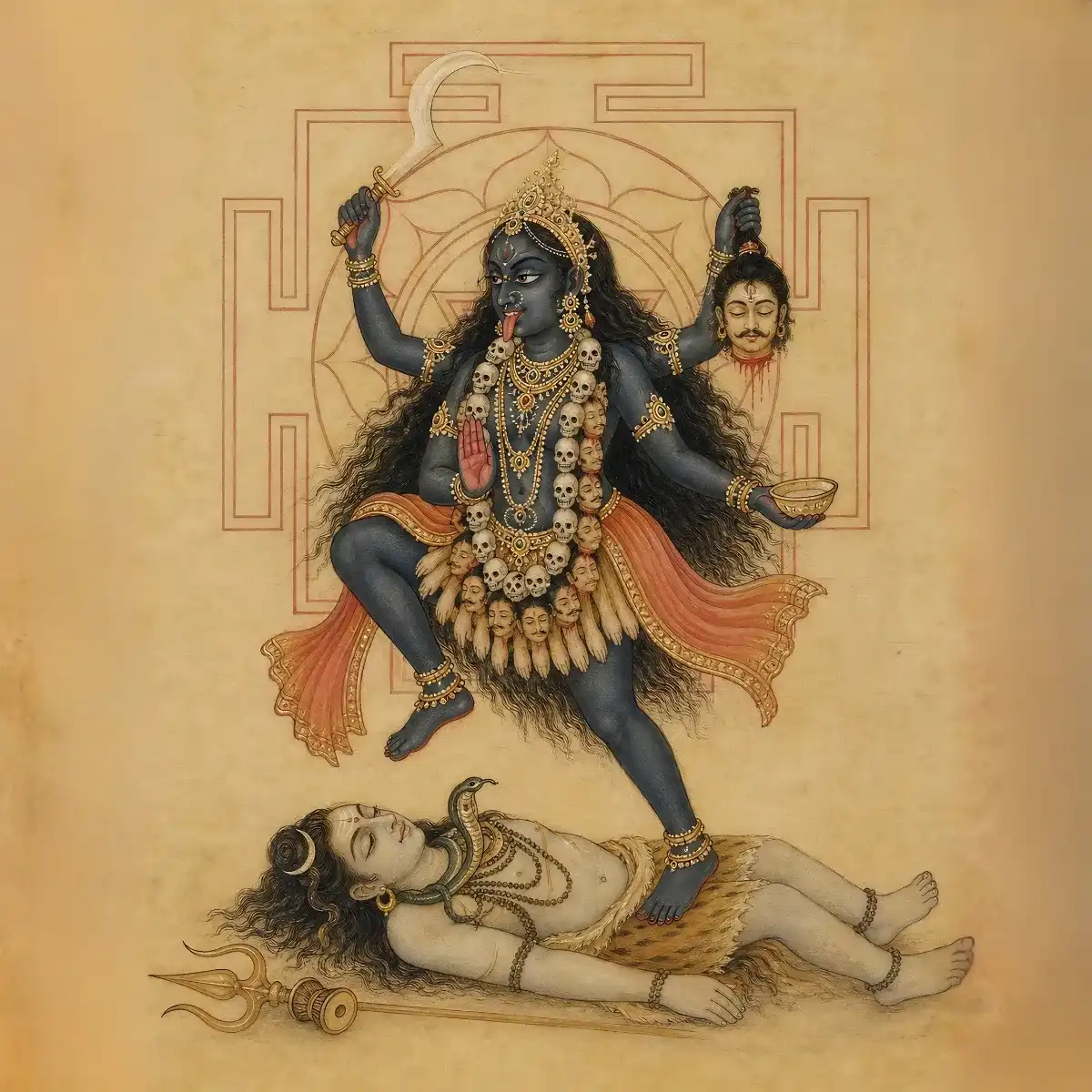 The fierce form of Devi Kali standing on Lord Shiva, depicted in front of a sacred Ma Kali Yantra used to support the Muladhara and Manipura chakras.