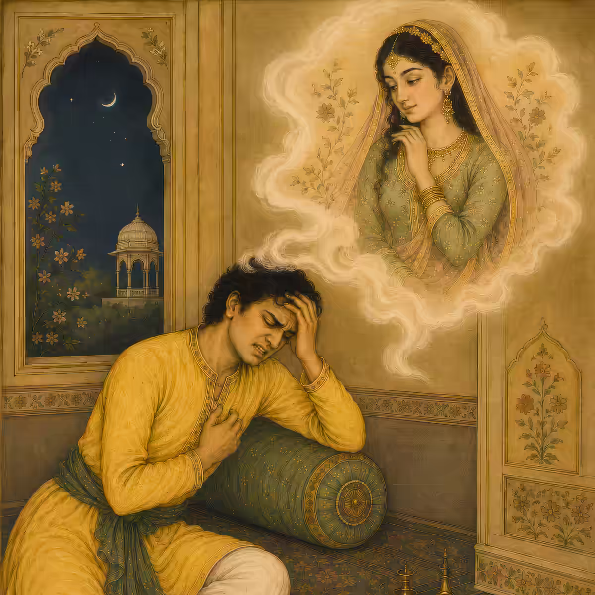 : A distressed man holding his head while dreaming of a beautiful woman, depicting Manmatha, the agitator of the mind, and the distracting power of memories