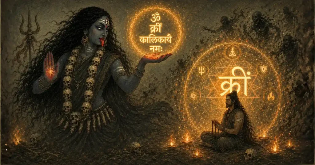 A sadhaka performing Om Kreem Kalikayai Namah mantra sadhana before the fierce form of Devi Kali, illustrating the Sattvik approach to invoking divine grace.