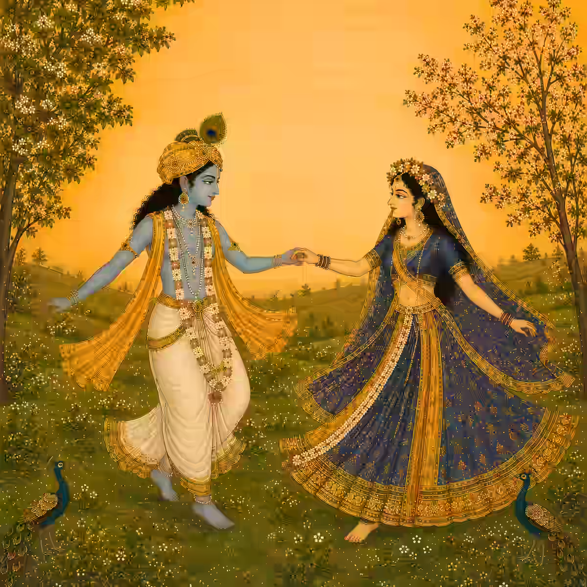Lord Krishna and Radharani joyfully holding hands in a serene landscape, representing the pure spiritual love.