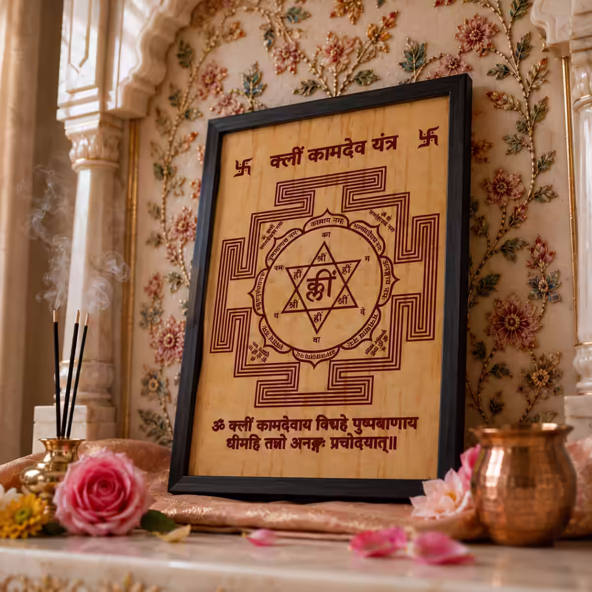 A framed, Guru-energized Shri Kamadeva Yantra placed on a beautiful home altar with burning incense, a fresh rose, and a copper kalash for daily worship.