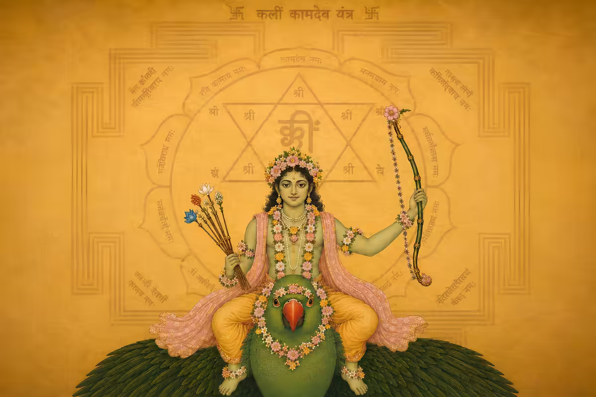 A beautiful illustration of Lord Kamadeva riding a green parrot, holding his sugarcane bow and flower arrows, set against the sacred golden geometry of the Shri Kamadeva Yantra.