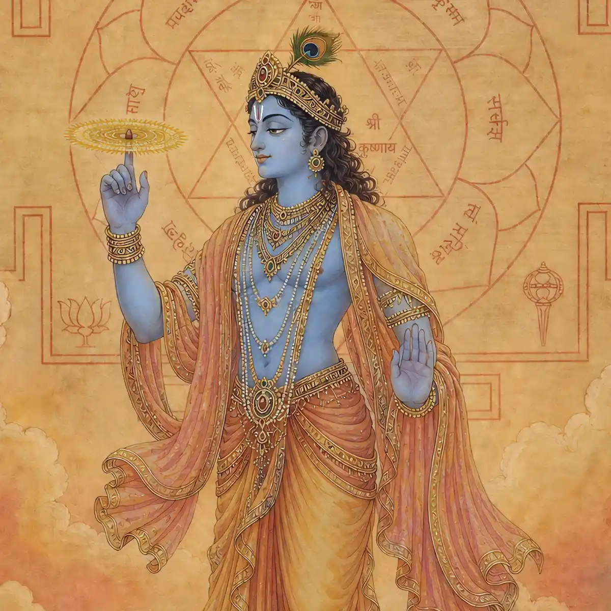 Lord Sri Krishna with a peacock feather and chakra, framed by the sacred geometry of the Sri Krishna Yantra used for spiritual stress relief and guidance.