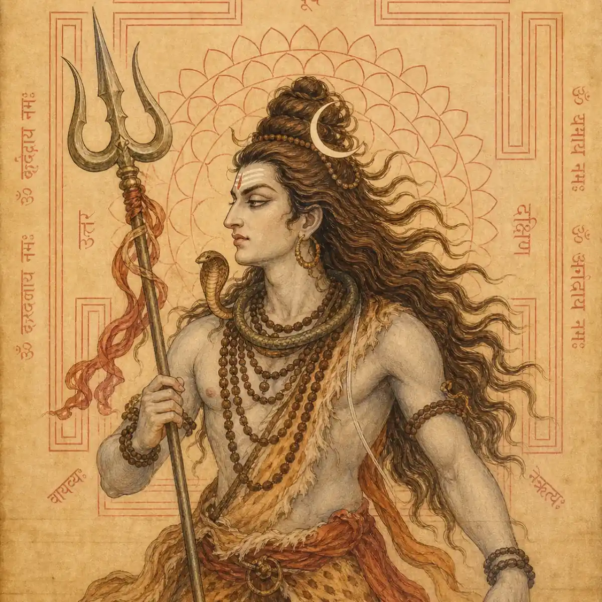 Lord Shiva in His purifying Sri Rudra form holding a trident, set against a sacred Shri Rudra Yantra that helps a seeker clean his intention and gather strength.