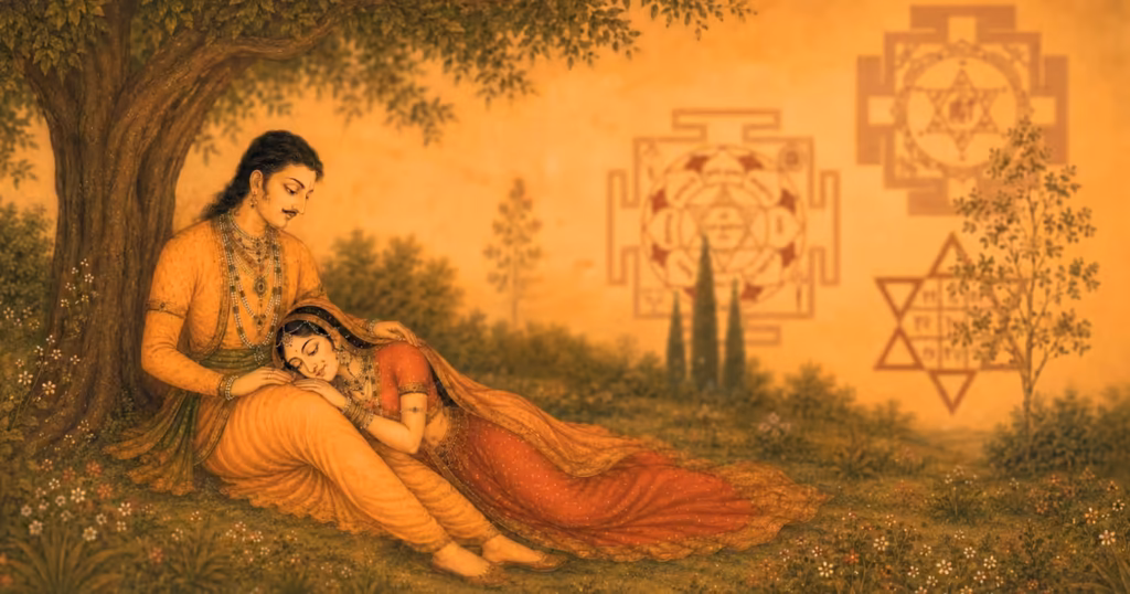 A classical Indian painting of a divine couple resting under a tree, with three sacred geometric Yantras of love and attraction glowing in the warm golden background.