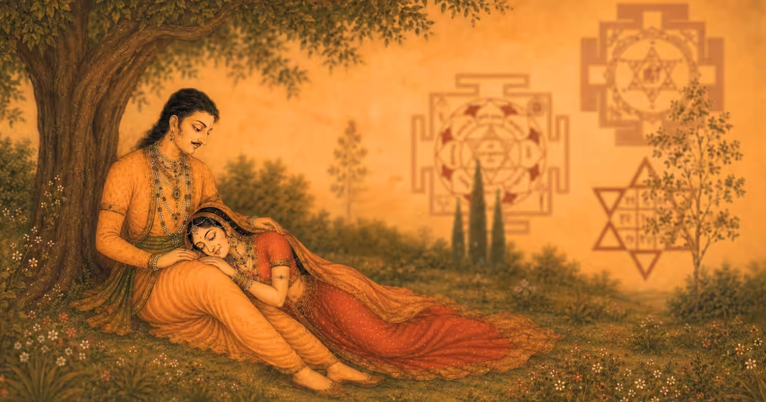 A classical Indian painting of a divine couple resting under a tree, with three sacred geometric Yantras of love and attraction glowing in the warm golden background.