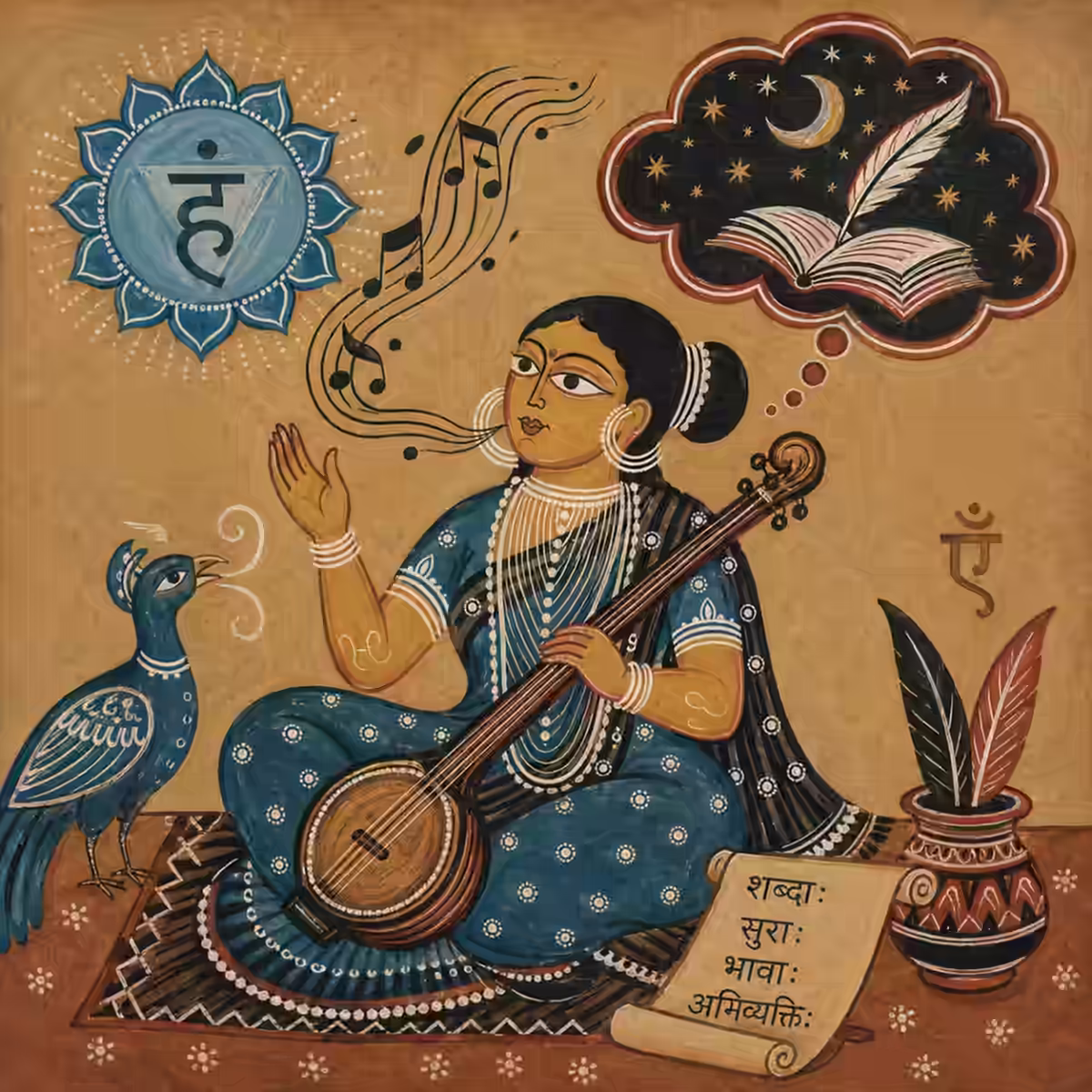 A female seeker playing a musical instrument, symbolizing the Aim Beeja's power to enhance creative expression and openness which manifest through music and poetry.
