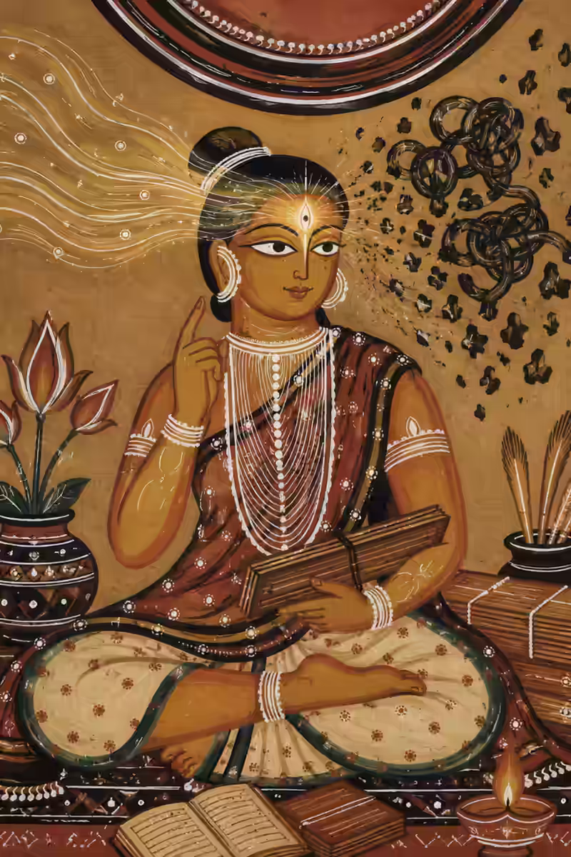 A sadhaka studying sacred texts with an illuminated Ajna chakra, representing the increased focus, intuition, and learning ability gained from the Aim Beejakshara.