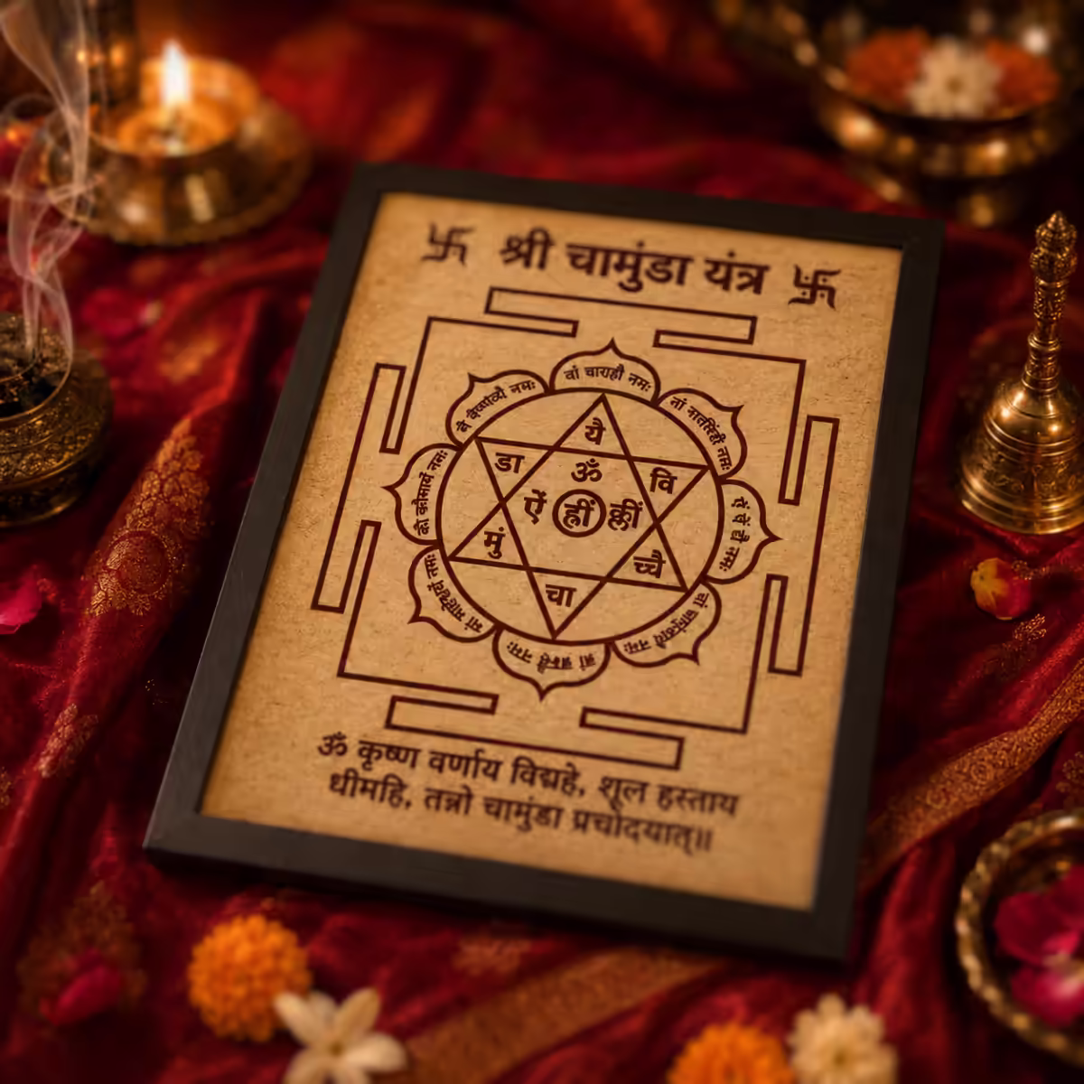 A beautifully framed, authentic Bhoj Patra Shri Chamunda Yantra resting on red silk alongside lit diyas and floral offerings. Worshipping this energized spiritual device bestows benefits similar to the Navarna Mantra, helping the seeker lead a peaceful life under Devi's grace without the strict rules of intense sadhana.