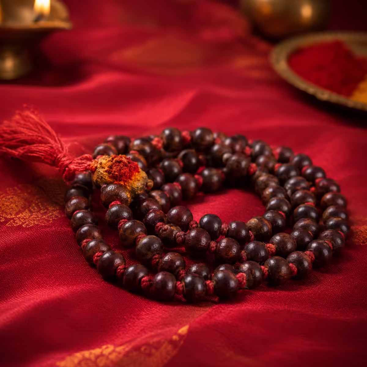 A close-up of a traditional Lal Chandan Japa Mala resting on a red silk cloth, used by spiritual seekers for chanting the Navarna Mantra and creating a protective shield during Devi sadhana.