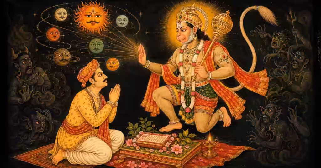 Devotee worshipping Bajrang Baan as Sri Hanumanji Maharaj removes planetary afflictions and negative forces with divine protection