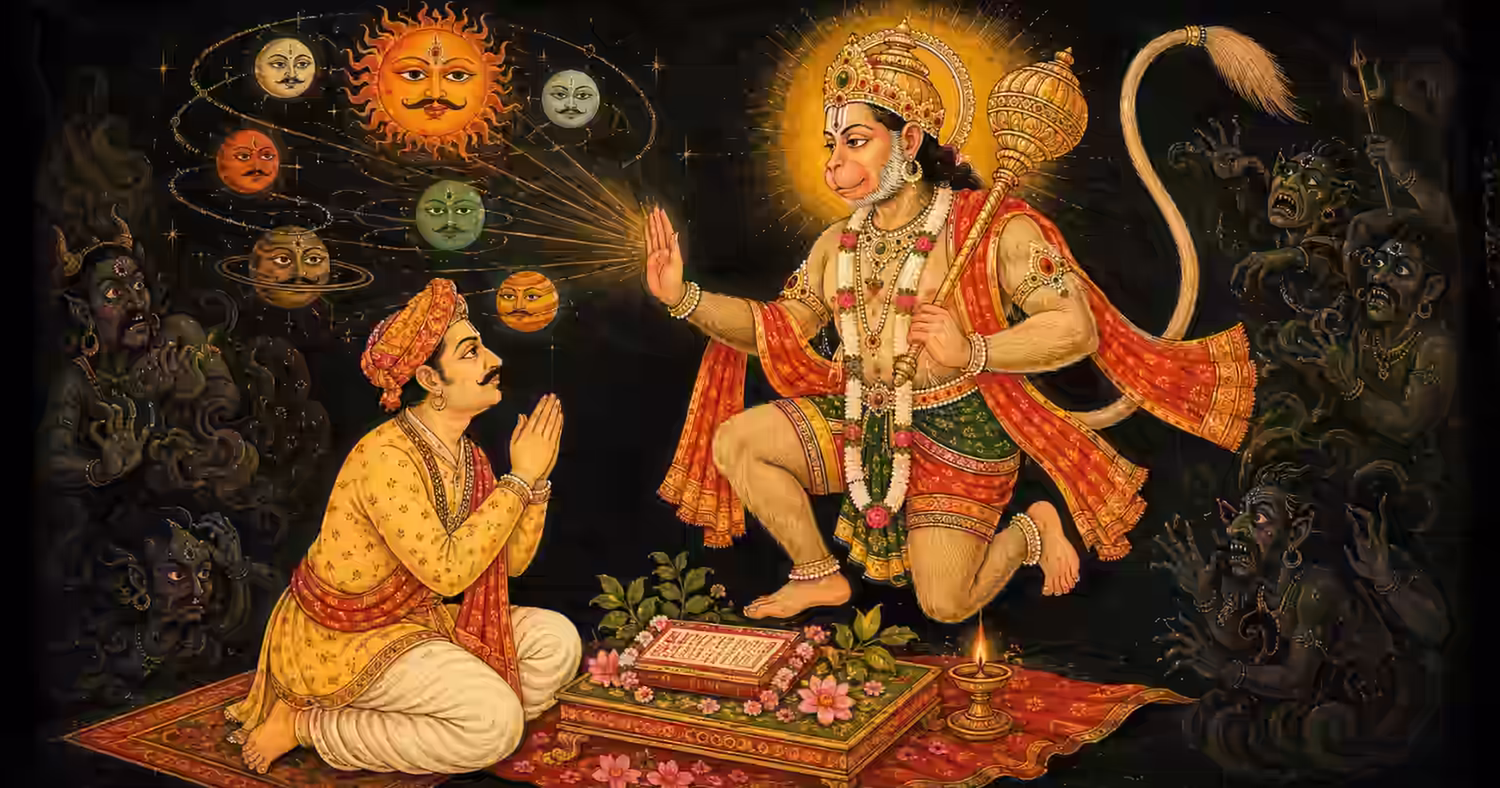 Devotee worshipping Bajrang Baan as Sri Hanumanji Maharaj removes planetary afflictions and negative forces with divine protection