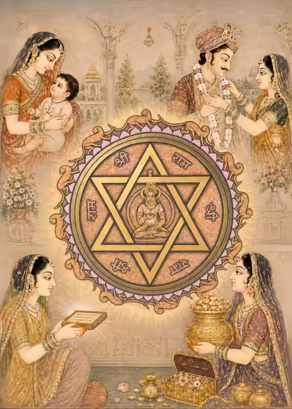 The profound Yantrodharaka Hanuman Yantra featuring Lord Hanuman meditating inside a six-pointed star, surrounded by divine figures and the holy name of Sri Rama. Wealth, health, progeny, fame, etc as benefits of the Shri Yantrodharaka Yantra Worship