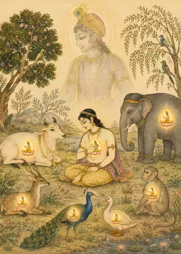 An illustration representing the divine quality of Jnana, showing the Lord existing as the indwelling witness or Antaryami within the heart of a meditating practitioner as well as within every surrounding living entity, including a cow, elephant, monkey, deer, peacock, and swan.