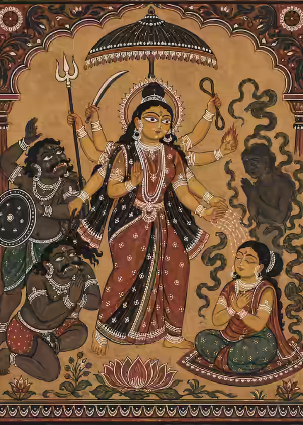 Devi Chamunda gracefully subjugating dark energies and granting protection from fear, black magic effects, and enmity to a devoted seeker.