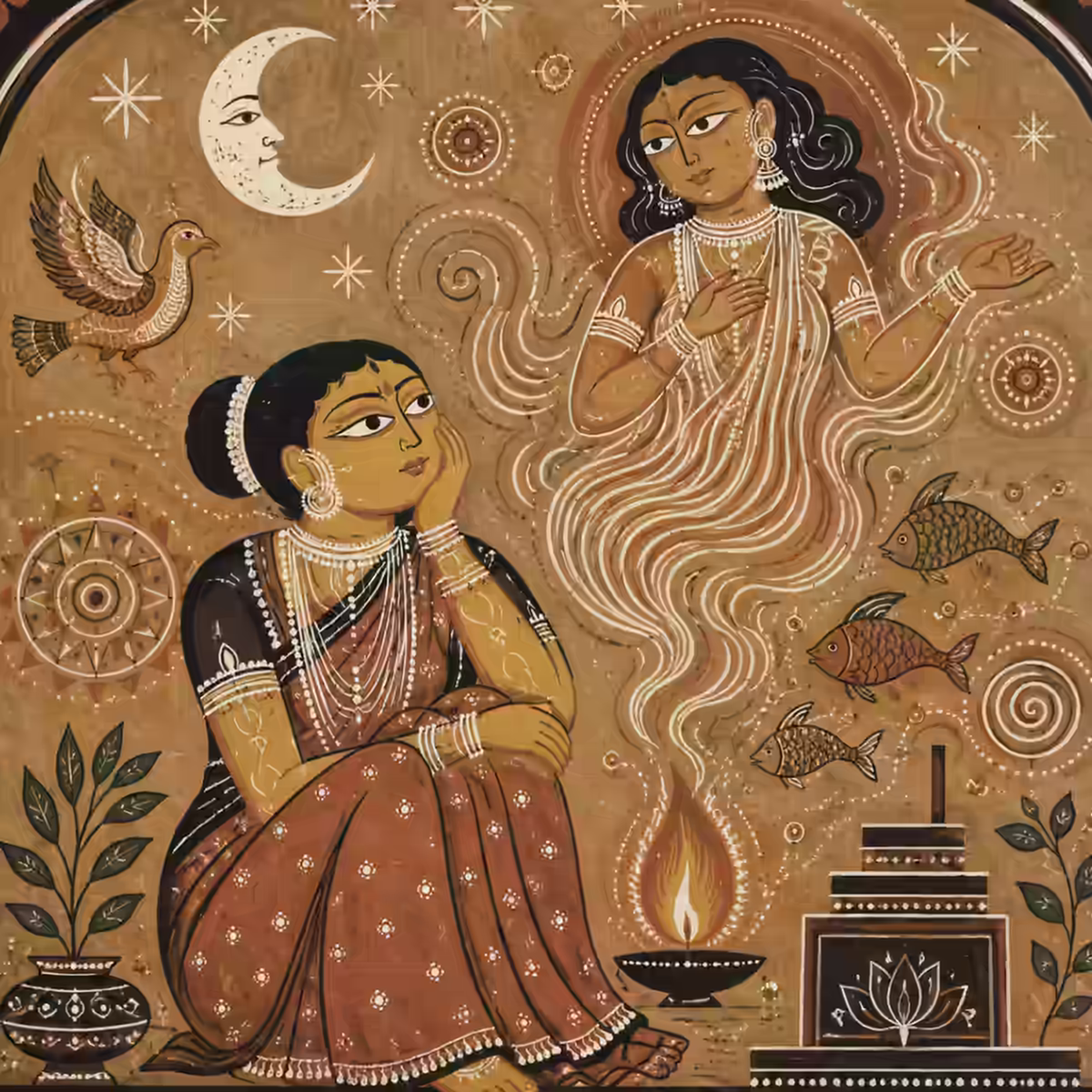 A representation of a devotee's spiritual awakening, experiencing an inner calling and the urge to find a Guru guided by the Divine Mother during their meditation.