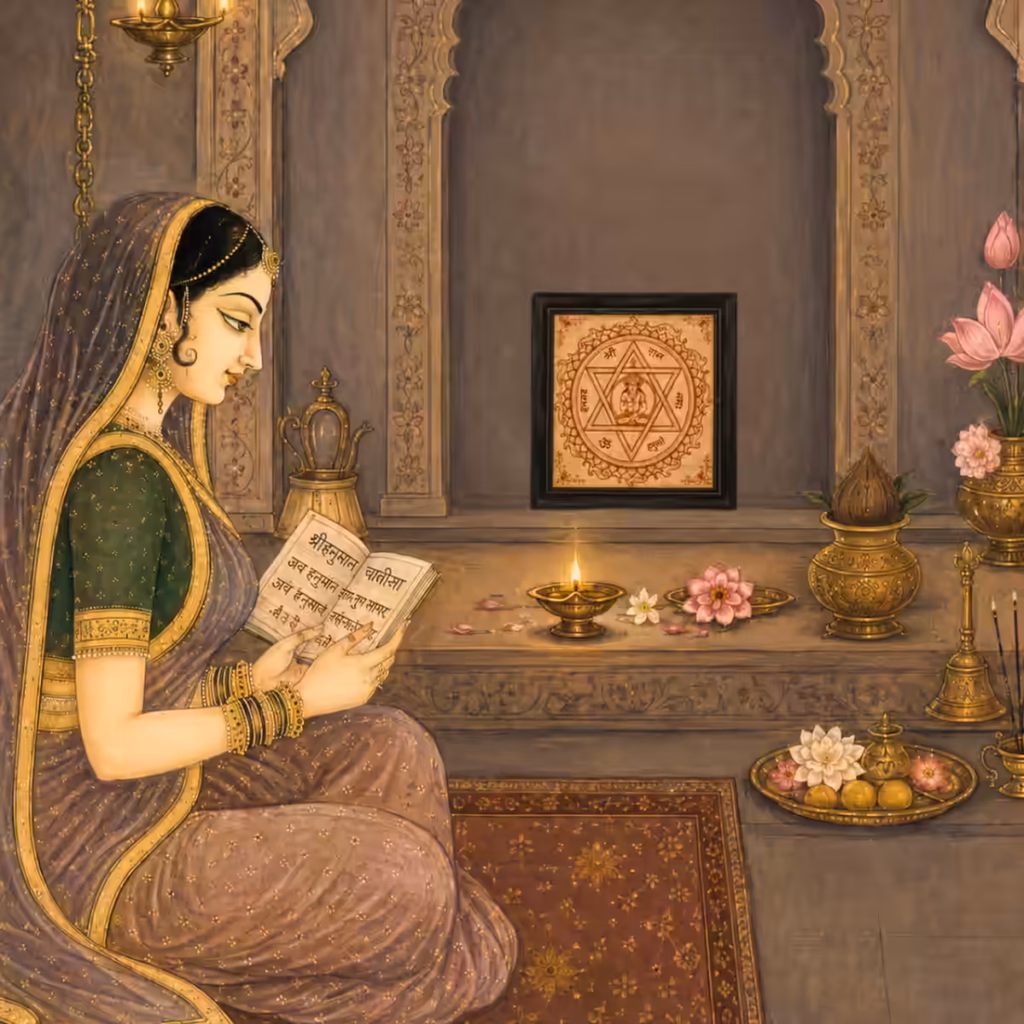 A devoted woman sitting peacefully in a beautifully lit prayer room, reading a sacred scripture in front of a glowing lamp and a framed Yantrodharaka Hanuman Yantra.