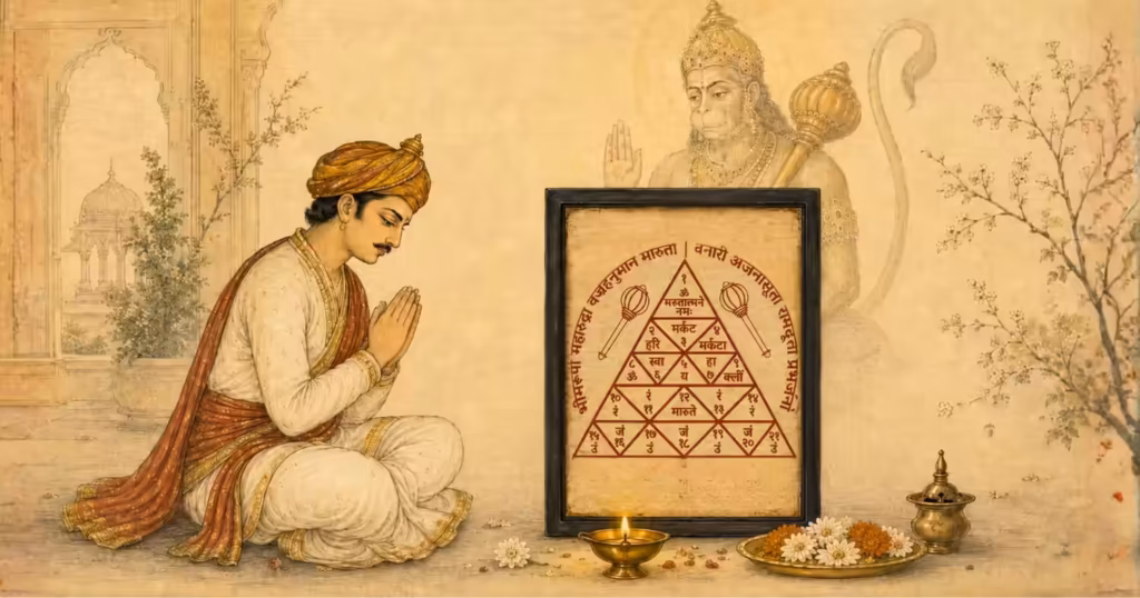 A devotee sitting in prayer before a framed authentic Bhojpatra Sri Maruti Yantra at a home altar, with a spiritual depiction of Lord Hanumanji appearing in the background to safeguard the devotee's spiritual journey.