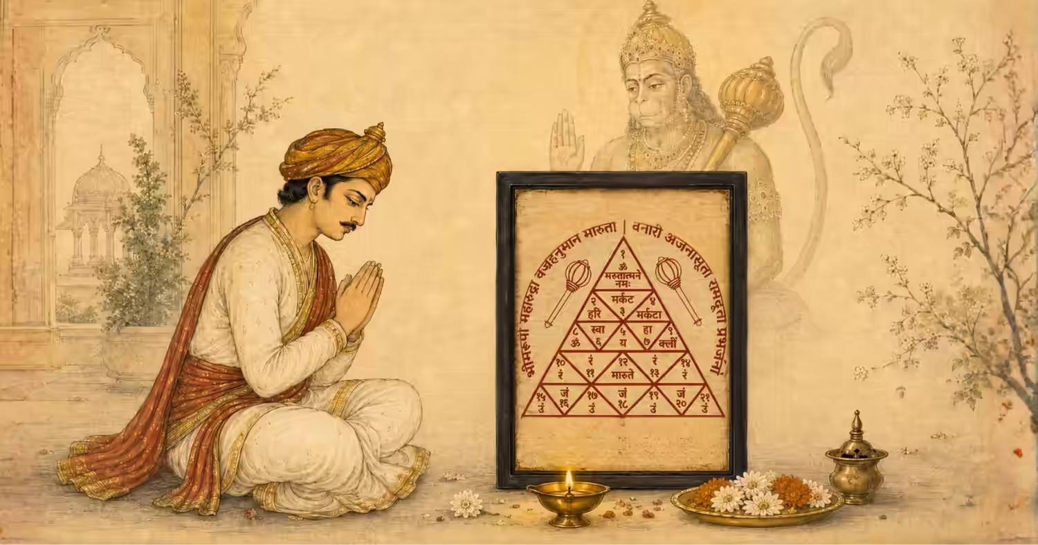 A devotee sitting in prayer before a framed authentic Bhojpatra Sri Maruti Yantra at a home altar, with a spiritual depiction of Lord Hanumanji appearing in the background to safeguard the devotee's spiritual journey.