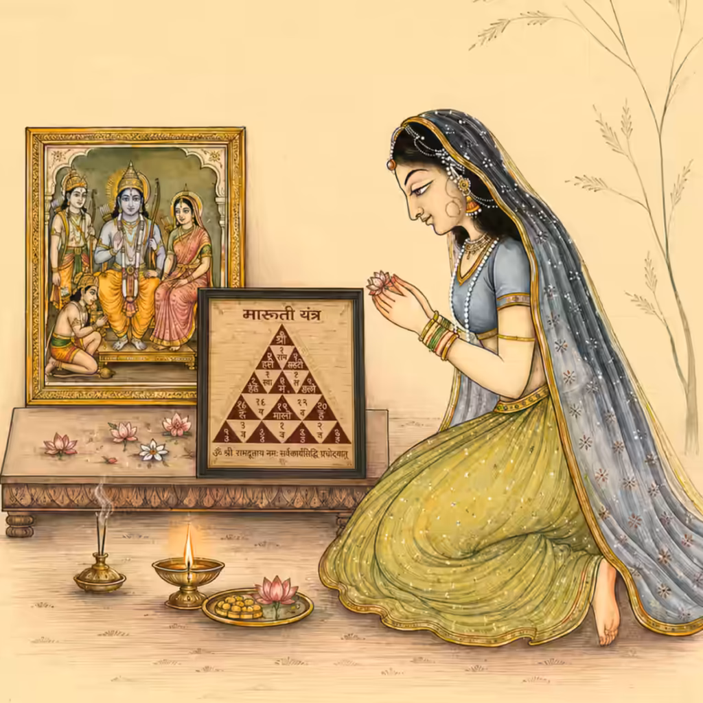 A devotee kneeling in sadhana and offering flowers before a framed authentic Bhojpatra Sri Maruti Yantra placed at eye level next to a portrait of the Sri Rama Darbar.
