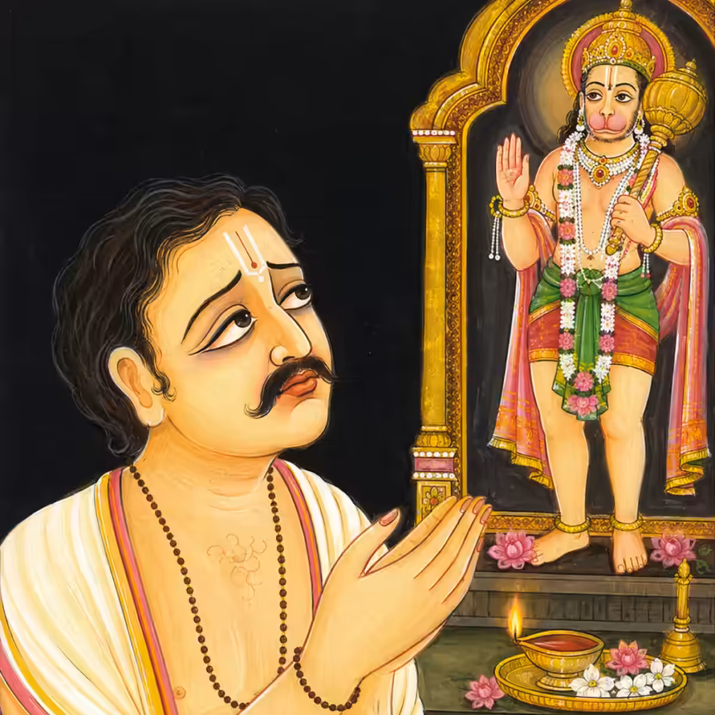 Devotee praying before Sri Hanumanji Maharaj in a temple with diya and flowers, showing surrender in Bajrang Baan worship