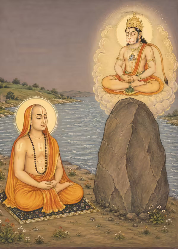 Sri Vyasatirtha meditating on the banks of the Tungabhadra river, experiencing a divine vision of Lord Hanuman seated in a yogic posture above a large rock.