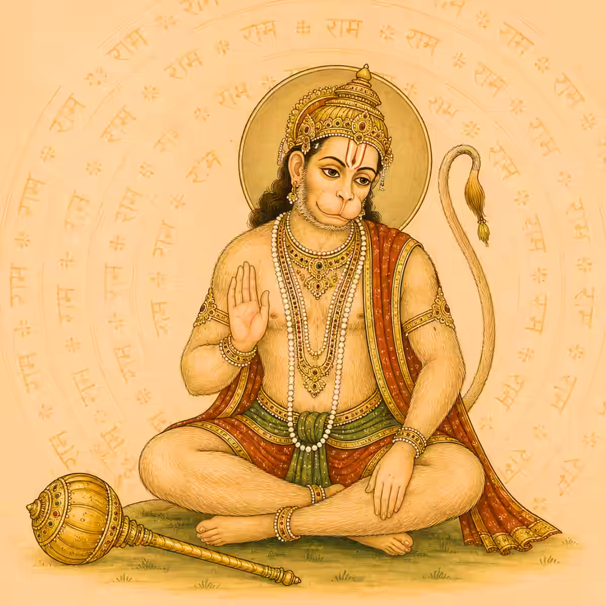 Traditional Rajput-style image of Lord Hanuman seated in sukhasana with his right hand raised in blessing, a golden mace beside him, and a circular Rama Nama background, used for a Hanuman Nama Mantra Sadhana Kit.