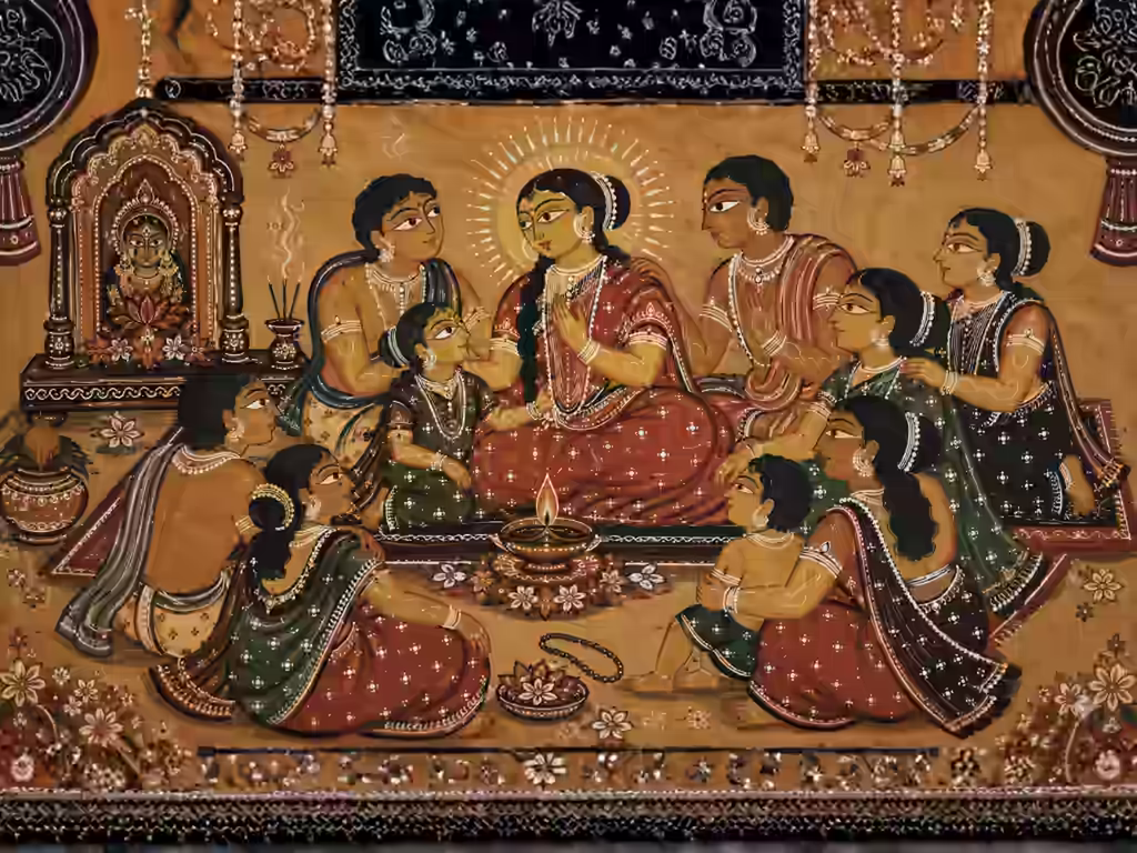 A group of family members sitting together harmoniously, representing how the Kleem beeja attracts family and well-wishers, while the Hreem beeja brings unity and transforms temporary interactions into everlasting bonds